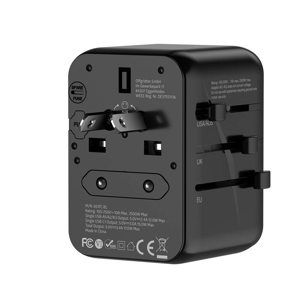 Offgridtec Reiseadapter Universal Weltweit Schuko 3x USB-A und 1x USB-C Schwarz