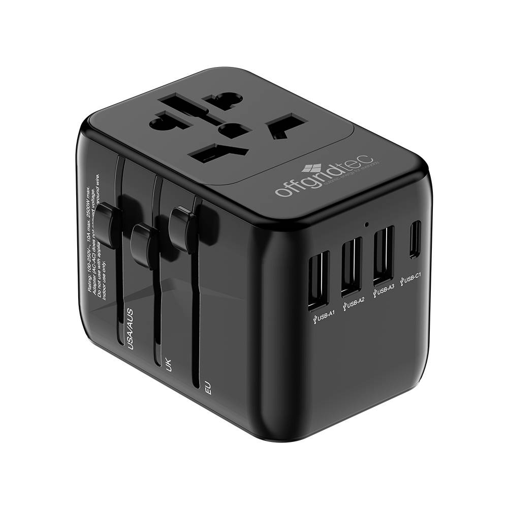 Offgridtec Reiseadapter Universal Weltweit Schuko 3x USB-A und 1x USB-C Schwarz