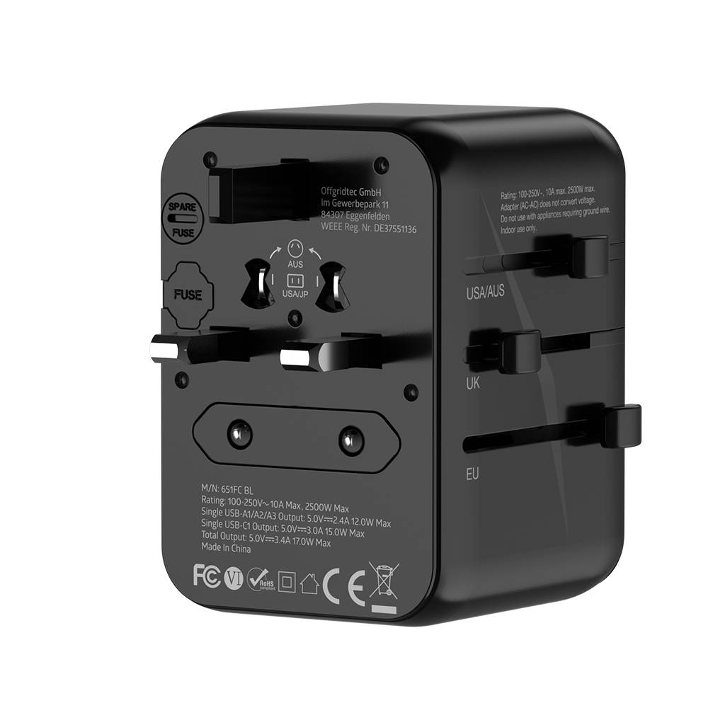 Offgridtec Reiseadapter Universal Weltweit Schuko 3x USB-A und 1x USB-C Schwarz