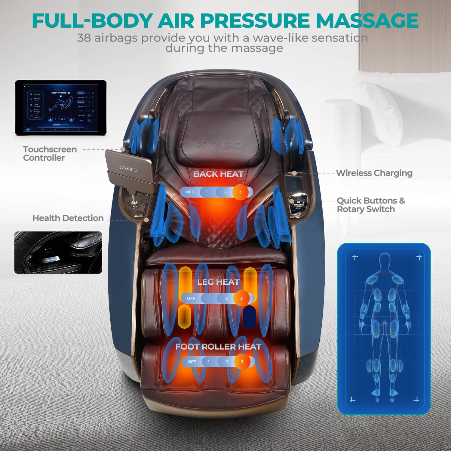 Naipo 4D Massagesessel, Raumkapsel-Massagestuhl Aromatherapie, Wärmetherapie, 8-Zoll-Tablet-Steuerung,Blau