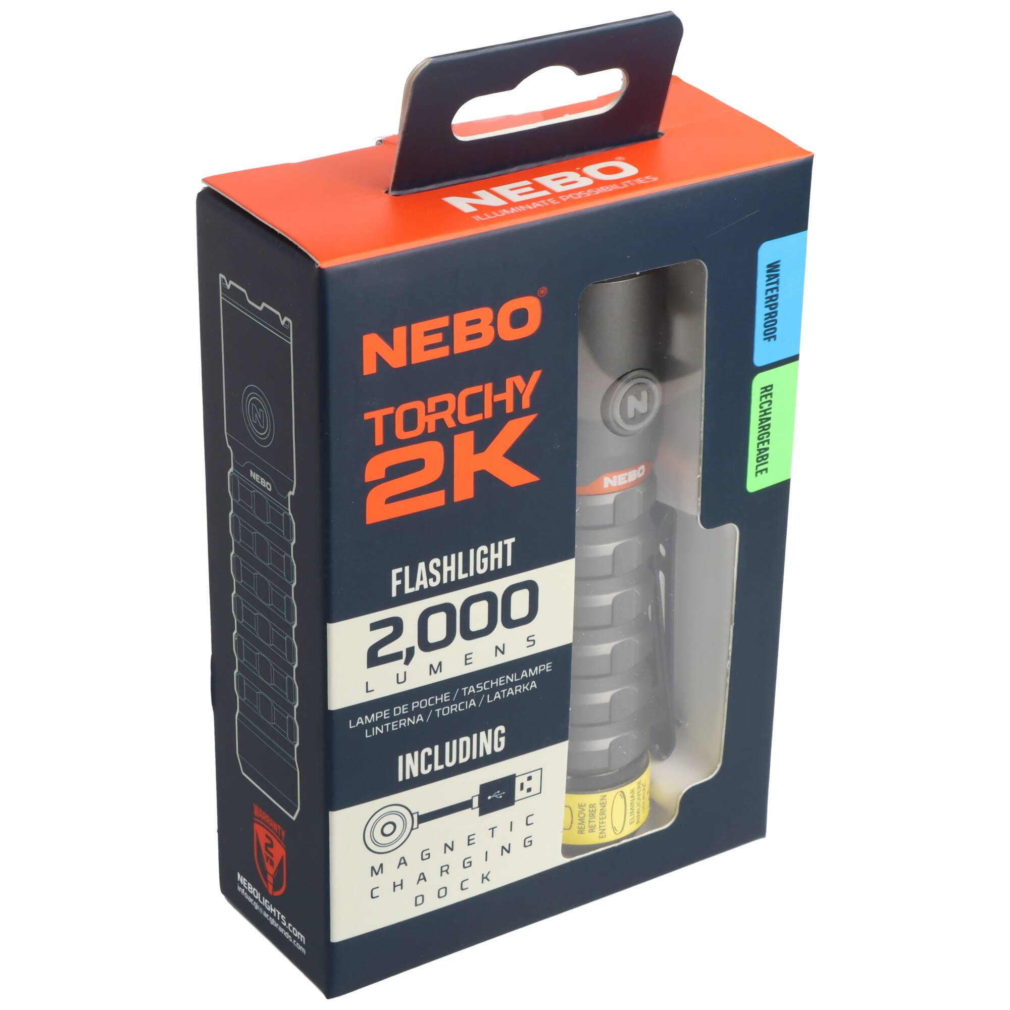 Packung einer NEBO Torchy 2K Taschenlampe mit der Aufschrift „2.000 Lumen