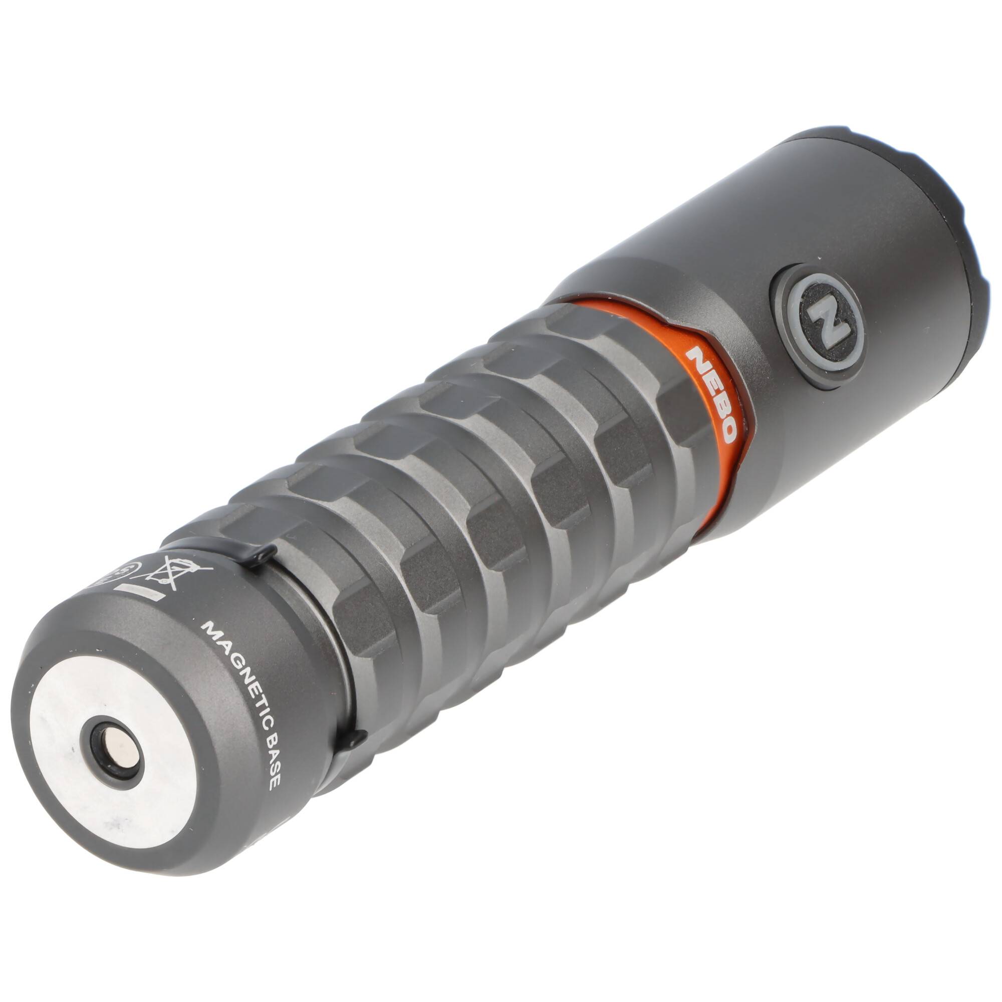 Graue NEEBO-Taschenlampe mit strukturiertem Griff und magnetischer Basis, auf weißem Hintergrund dargestellt.