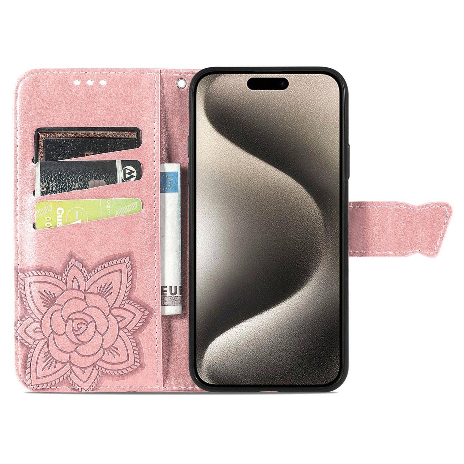 Für Apple iPhone 16 Pro Max Book Wallet Etuis Schmetterling Hülle Rosa