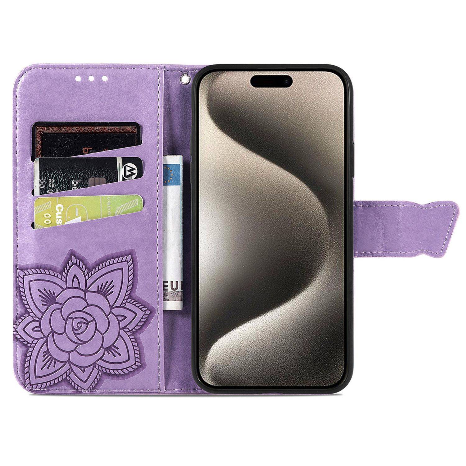Für Apple iPhone 16 Pro Max Book Wallet Schmetterling Hülle H- Lila