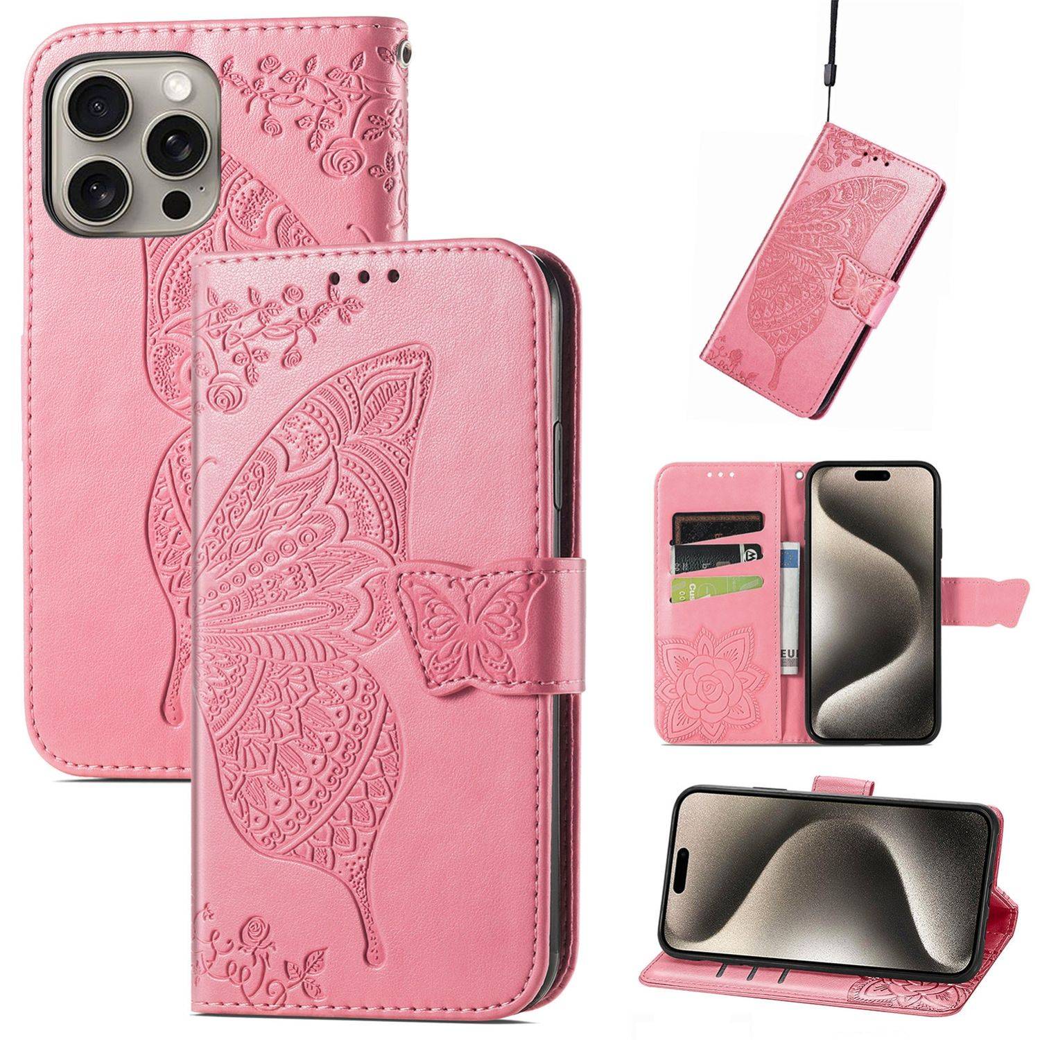 Für Apple iPhone 16 Pro Max Book Wallet Etuis Schmetterling Hülle Pink