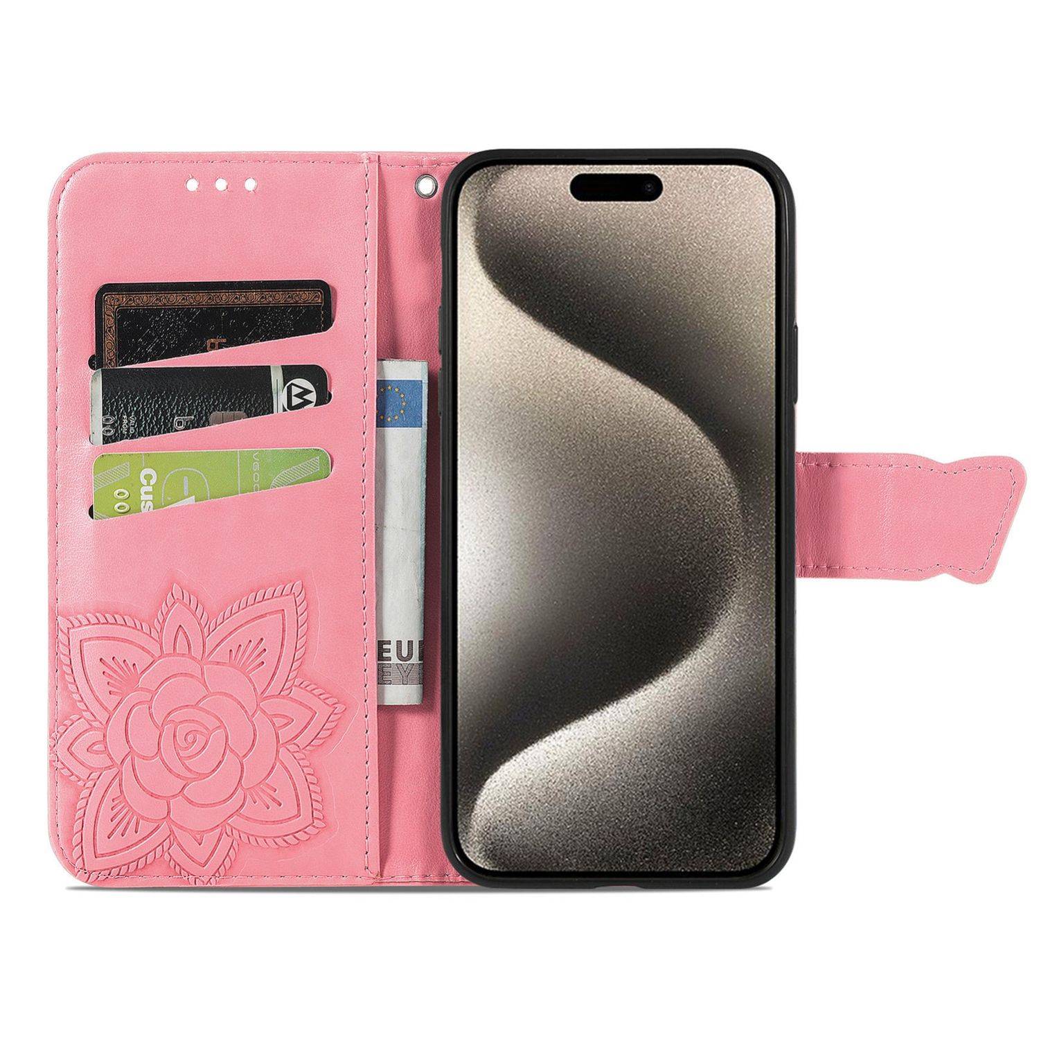 Für Apple iPhone 16 Pro Max Book Wallet Etuis Schmetterling Hülle Pink