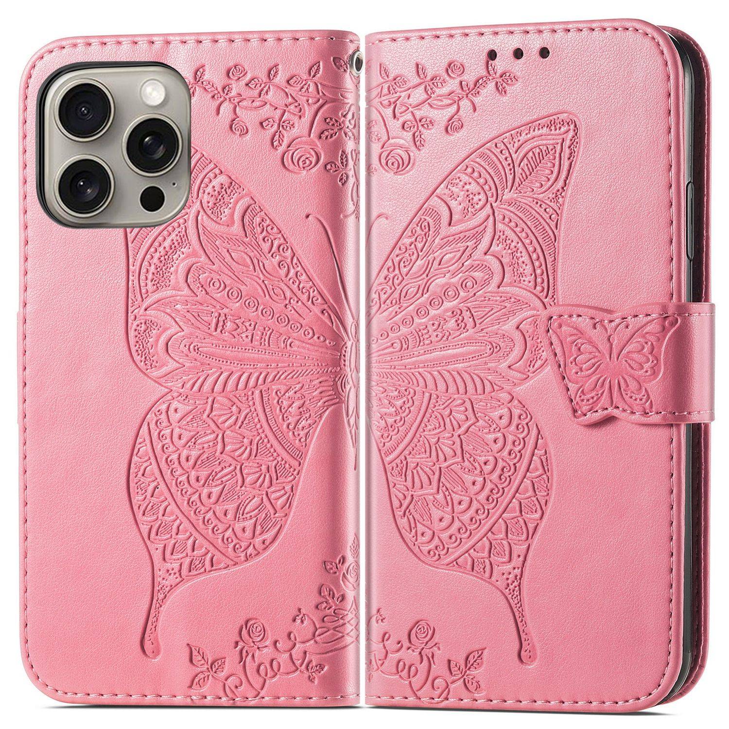 Für Apple iPhone 16 Pro Max Book Wallet Etuis Schmetterling Hülle Pink