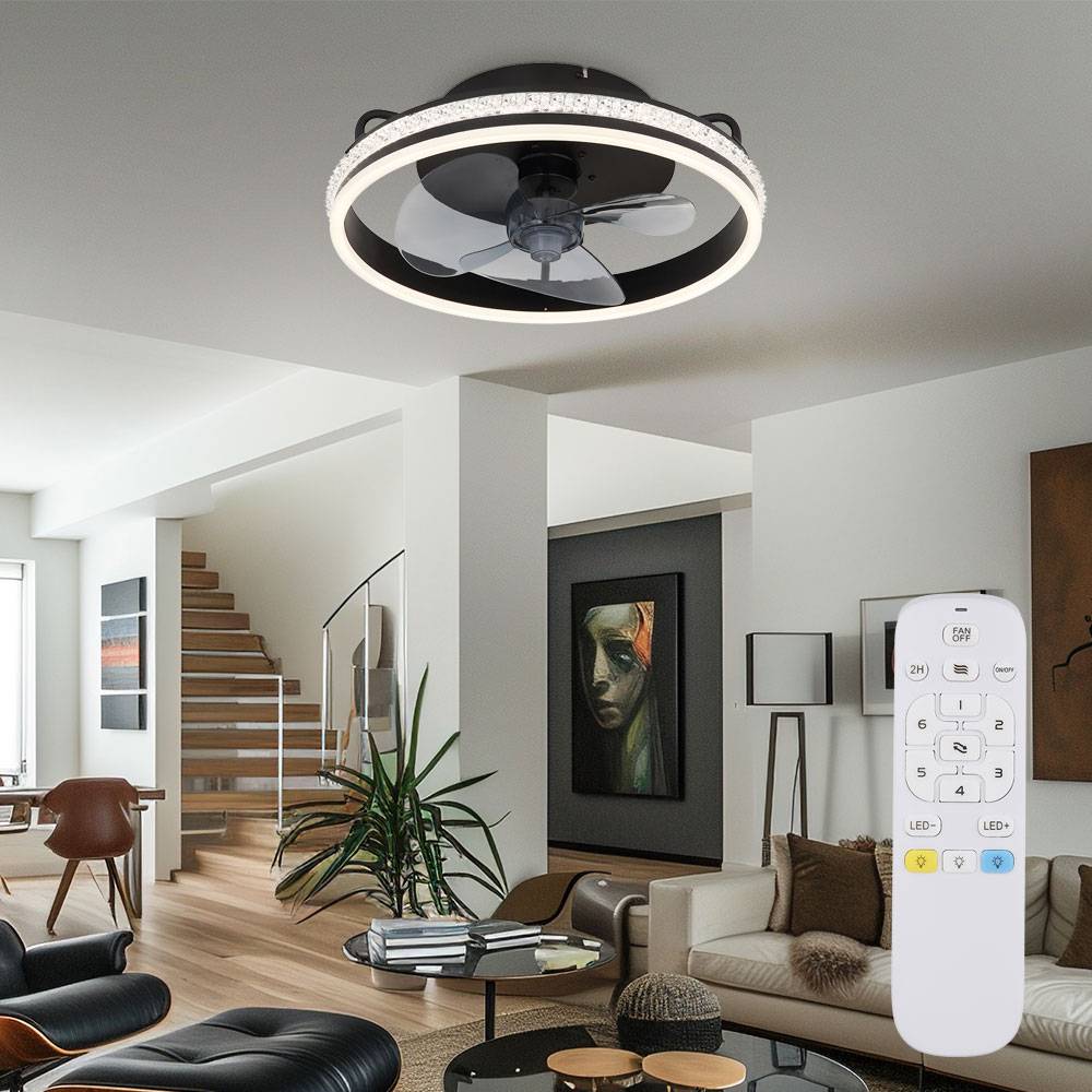 Deckenventilator Deckenlampe Wohnzimmerleuchte Raumlüfter Ventilator, Metall schwarz, dimmbar Fernbedienung CCT Rechts-/Linkslauf, LED 29W 1100 Lm