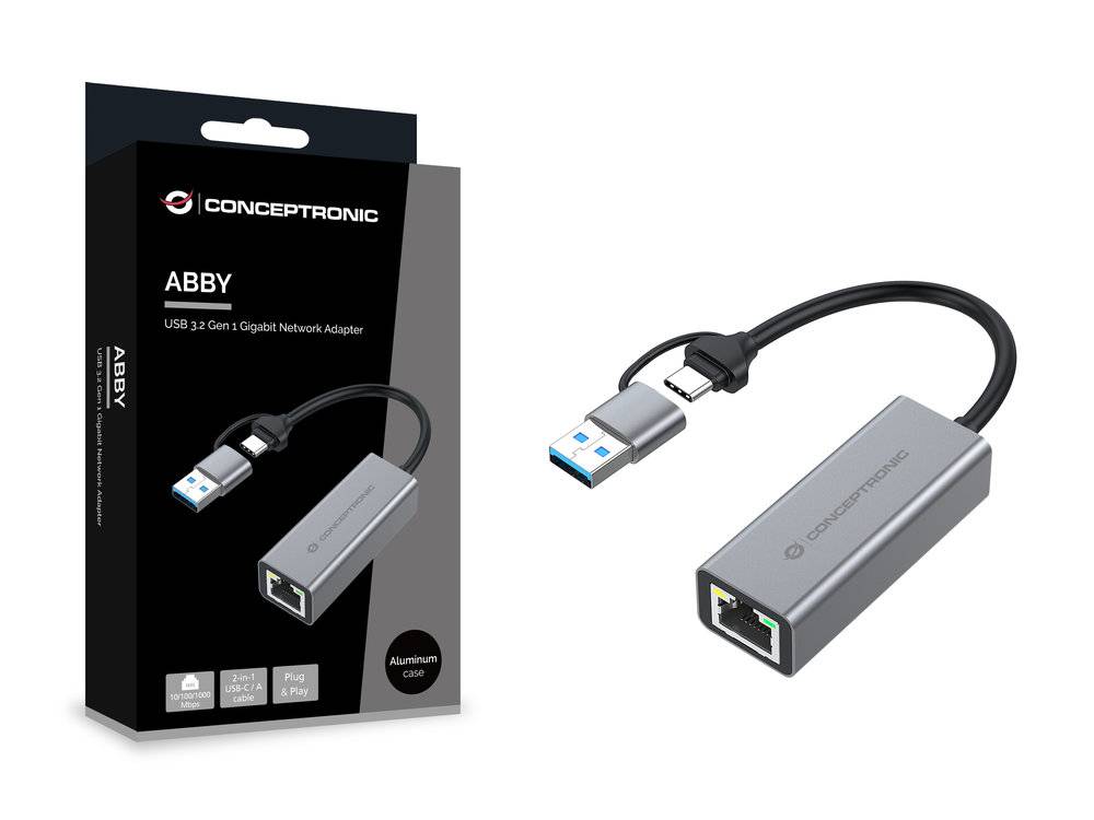 Das Bild zeigt einen Conceptronic USB 3.2 Gen 1 Gigabit Netzwerkadapter mit einem Aluminiumgehäuse, ausgestattet mit USB-A- und Ethernet-Anschlüssen.