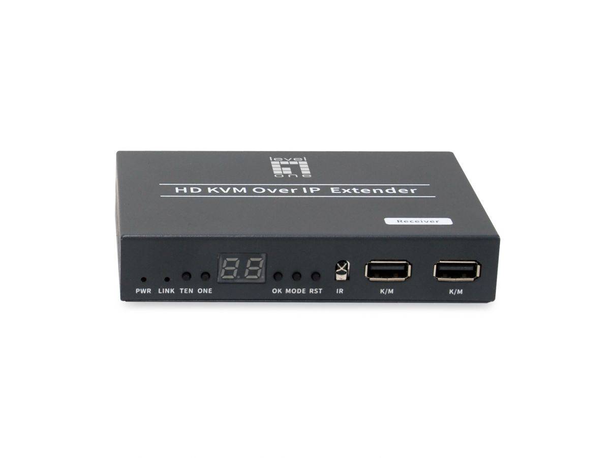 Schwarze HD KVM over IP Extender Box mit LED-Frontdisplay, Statusleuchten, IR-Anschluss und zwei K/M USB-Anschlüssen auf weißem Hintergrund