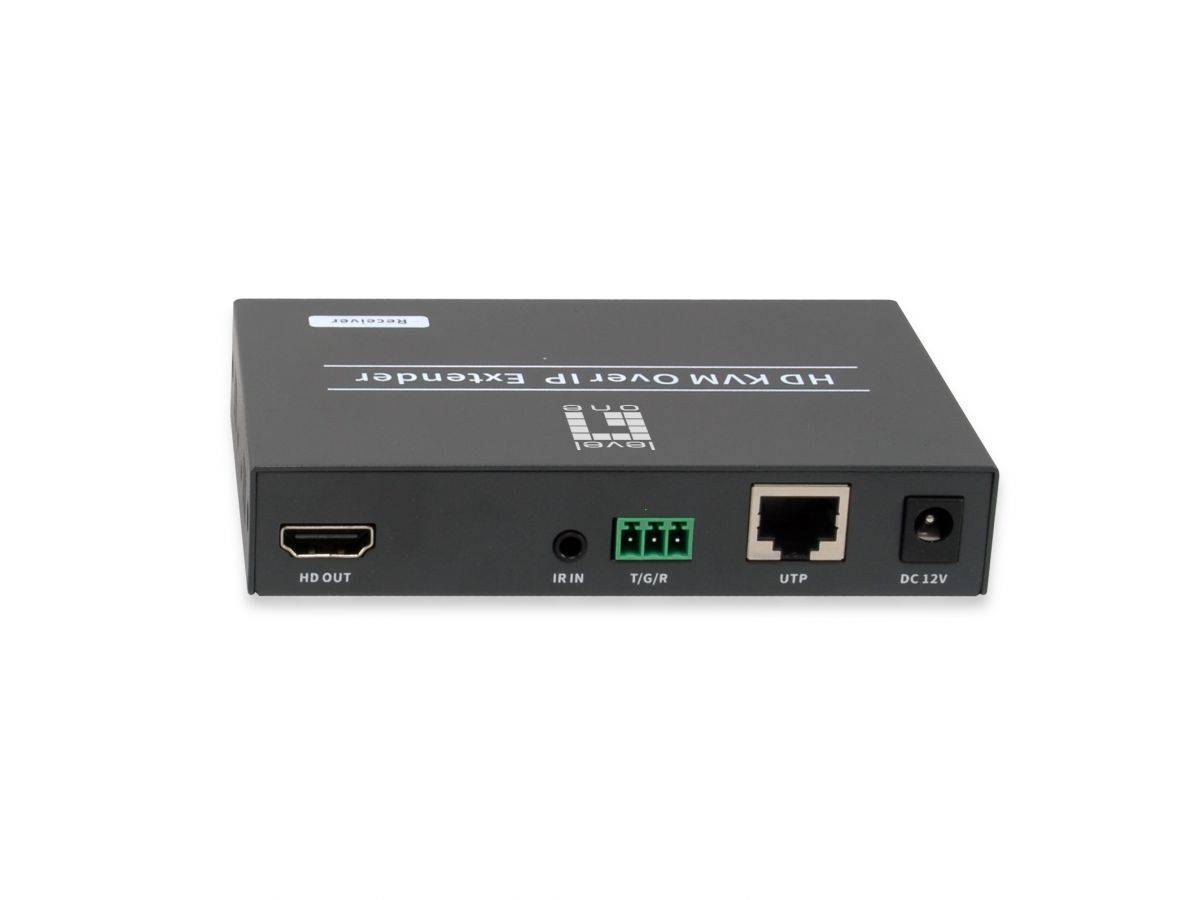 Schwarzer HDMI-über-Ethernet-Verlängerungskasten mit Anschlüssen für HDMI-Ausgang, IR-Eingang, T/G/R, UTP und DC 12V