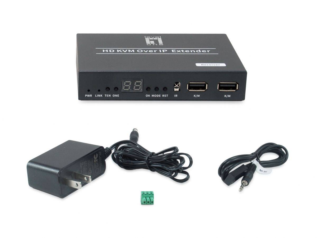 HD KVM over IP Extender-Gerät mit Netzteil, Kabeln und kleinem grünem Terminalblock auf weißem Hintergrund.