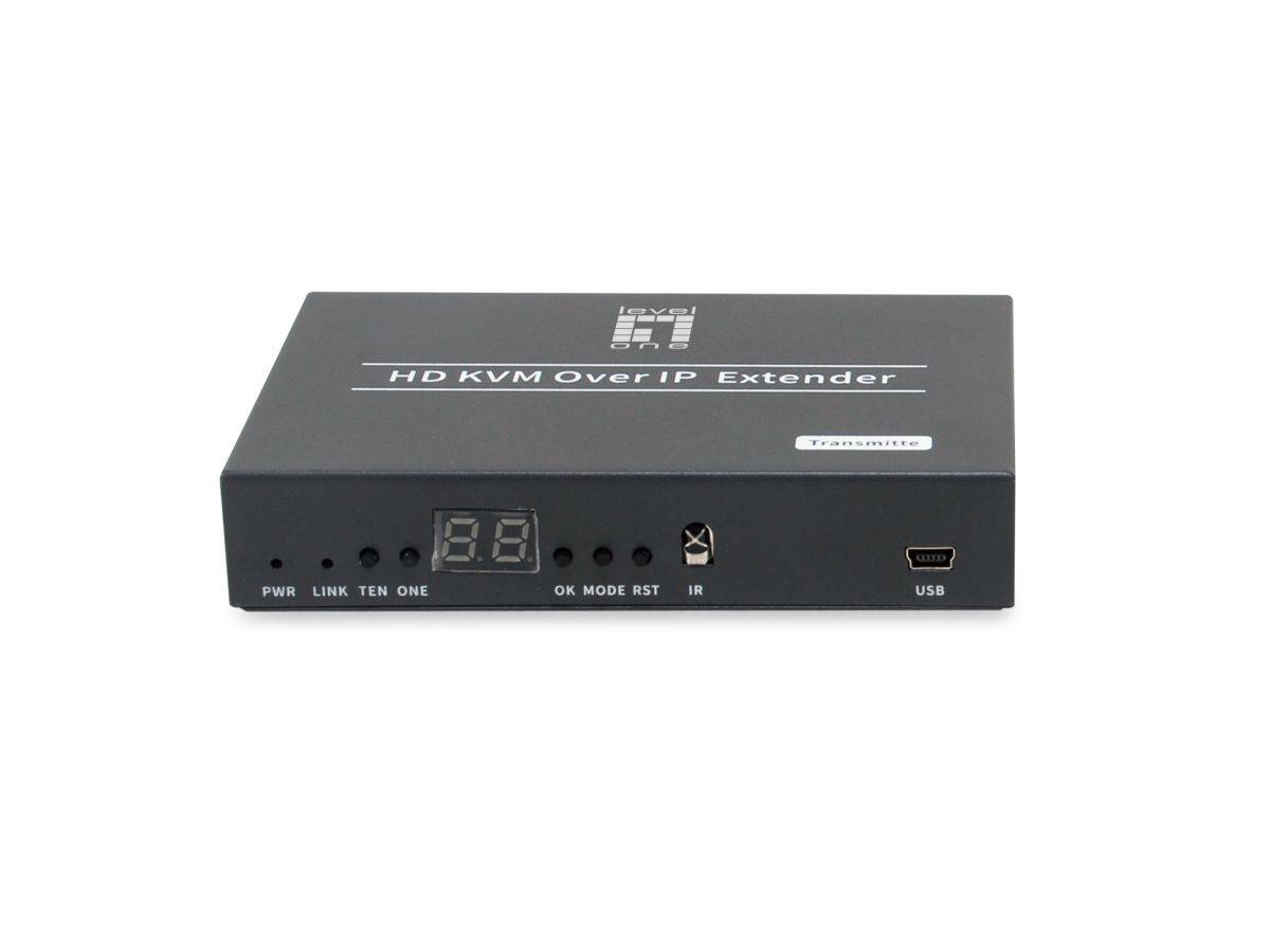 Schwarze KVM-over-IP-Extender-Box in HD-Qualität mit frontaler LED-Anzeige, Statusindikatoren, IR-Anschluss und USB-Anschluss.