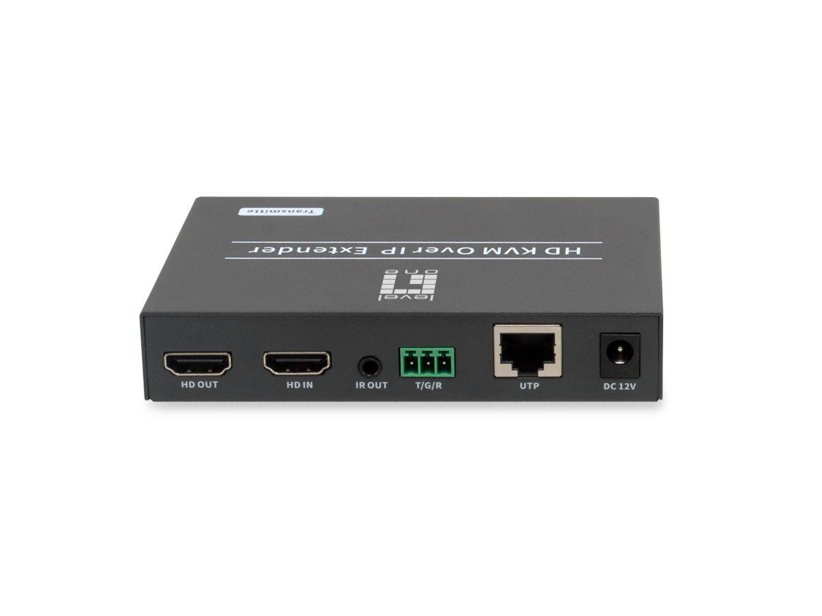 HDMI-over-IP-Extender-Box mit HDMI-Ein-/Ausgang, IR-Ausgang, T/G/R-Anschluss, Ethernet-Port und 12V-Stromeingang
