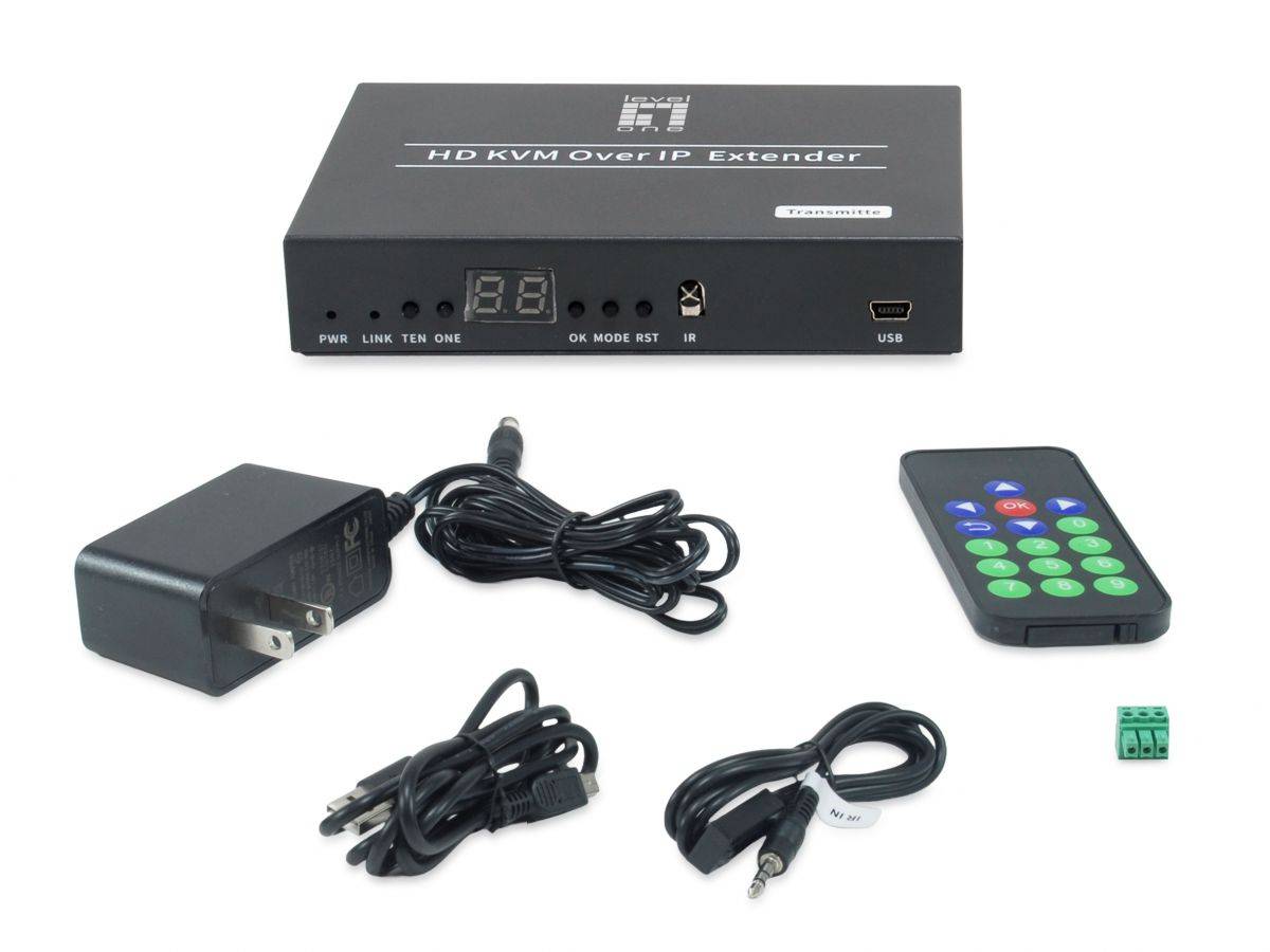 HD KVM über IP Extender Kit mit Hauptgerät, Netzteil, Kabeln, Fernbedienung und Anschlussleiste auf weißem Hintergrund