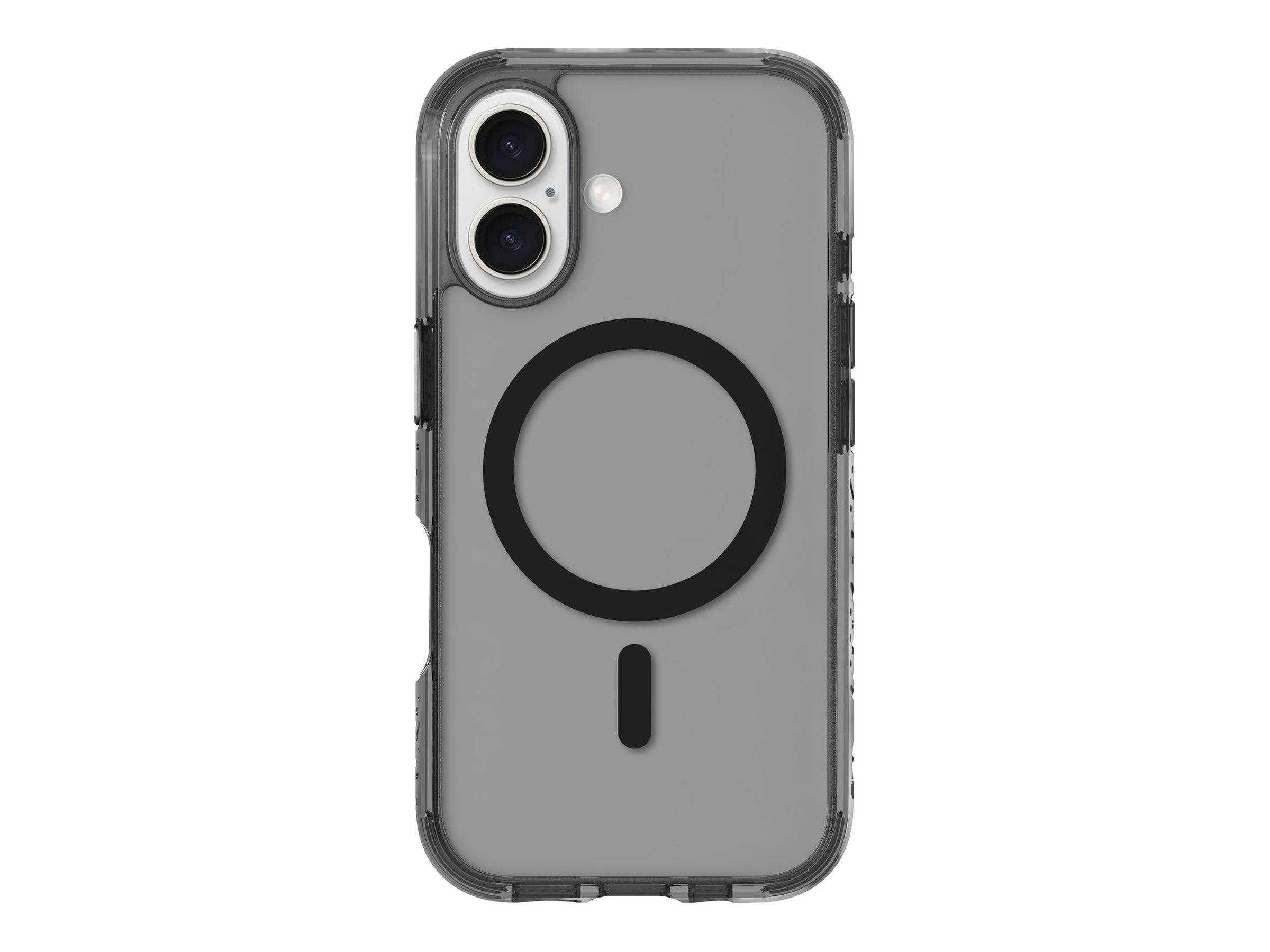 Ein Handygehäuse mit einem kreisförmigen MagSafe-Design wird gezeigt, das Aussparungen für eine Dual-Kamera aufweist. Es scheint transparent mit schwarzen Akzenten zu sein.