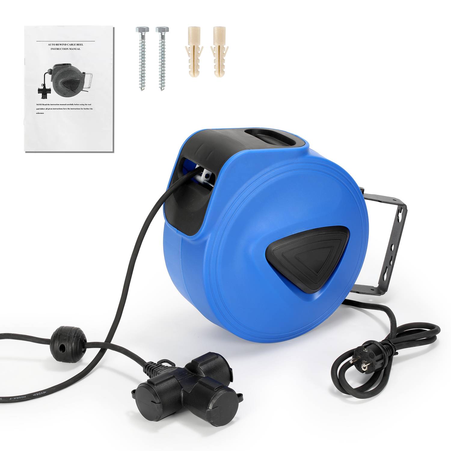 Automatik kabelaufroller Automatik Kabeltrommel, 20m, 180° Drehbar Wandhalterung Elektrokabel für Wandmontage mit 3 Steckdosen
