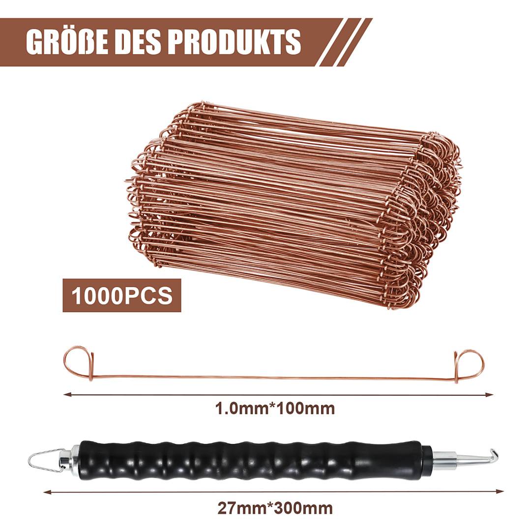 Produktgrößendiagramm mit 1000 Kupferkabelbindern und einem schwarzen Bindewerkzeug; Bindungen messen 1,0 mm x 100 mm, Werkzeug 27 mm x 300 mm.