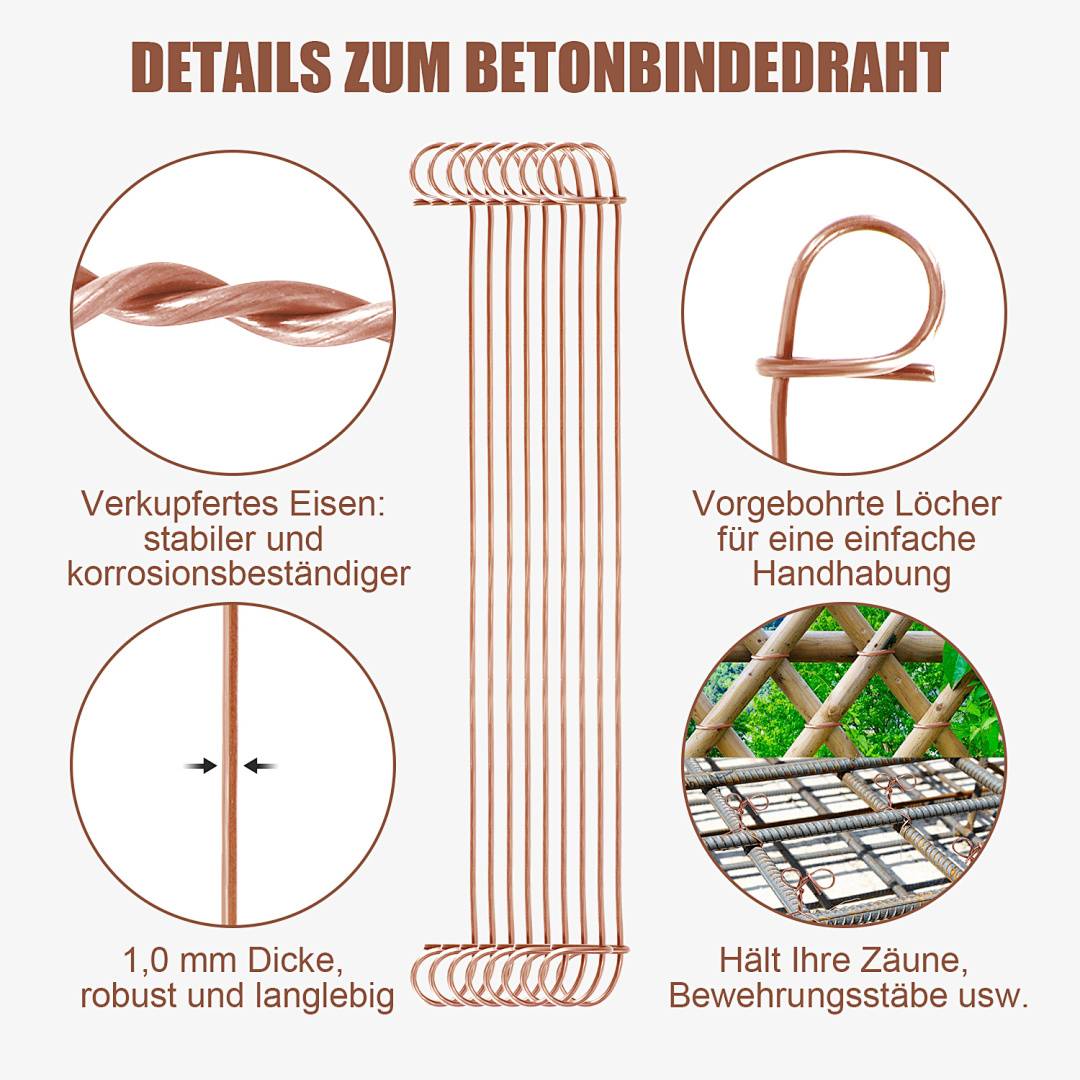 Infografik mit Details zu kupferbeschichteter Bindedraht: korrosionsbeständig, vorgeboht, 1,0 mm dick, langlebig, wird für Zäune und Bewehrungsstahl verwendet.
