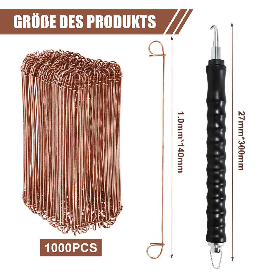 Produktgrößengrafik mit einer Packung von 1000 Kupferkabelbindern und einem schwarzen Drehwerkzeug, gekennzeichnet mit 1,0 mm x 140 mm und 27 mm x 300 mm.