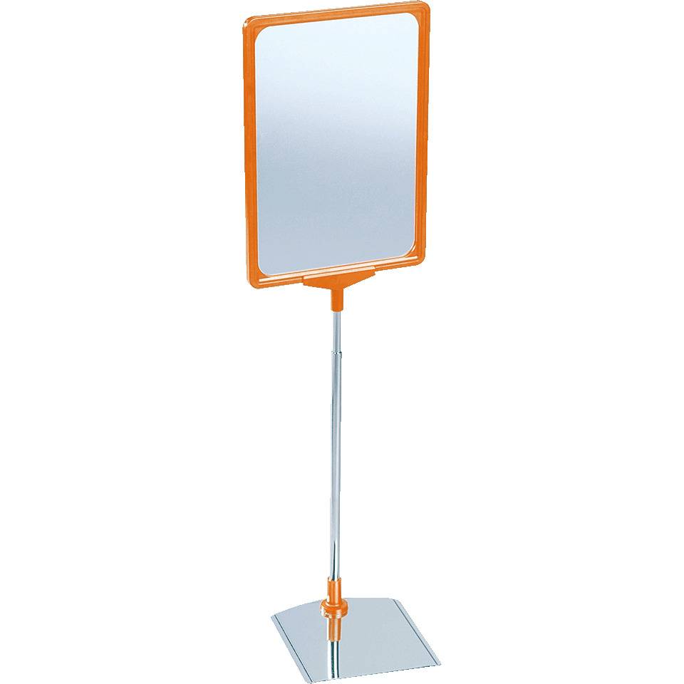 Informationsständer, m.Schutzfolie, entspiegelt, Fußplatte, Stahlrohr, orange, DIN A4