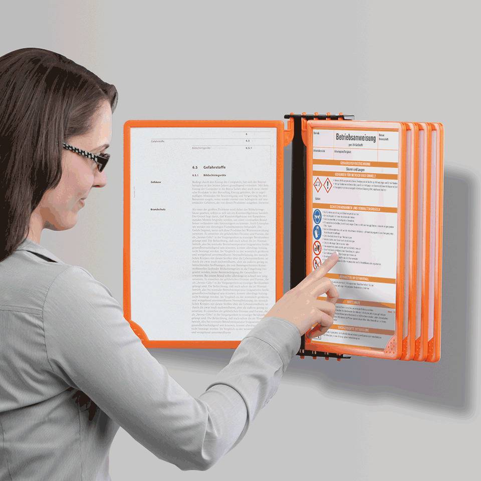 Klapprahmen INFOLINE, Wandhalterung mit 5 Rahmen, orange, Kunststoff, DIN A4