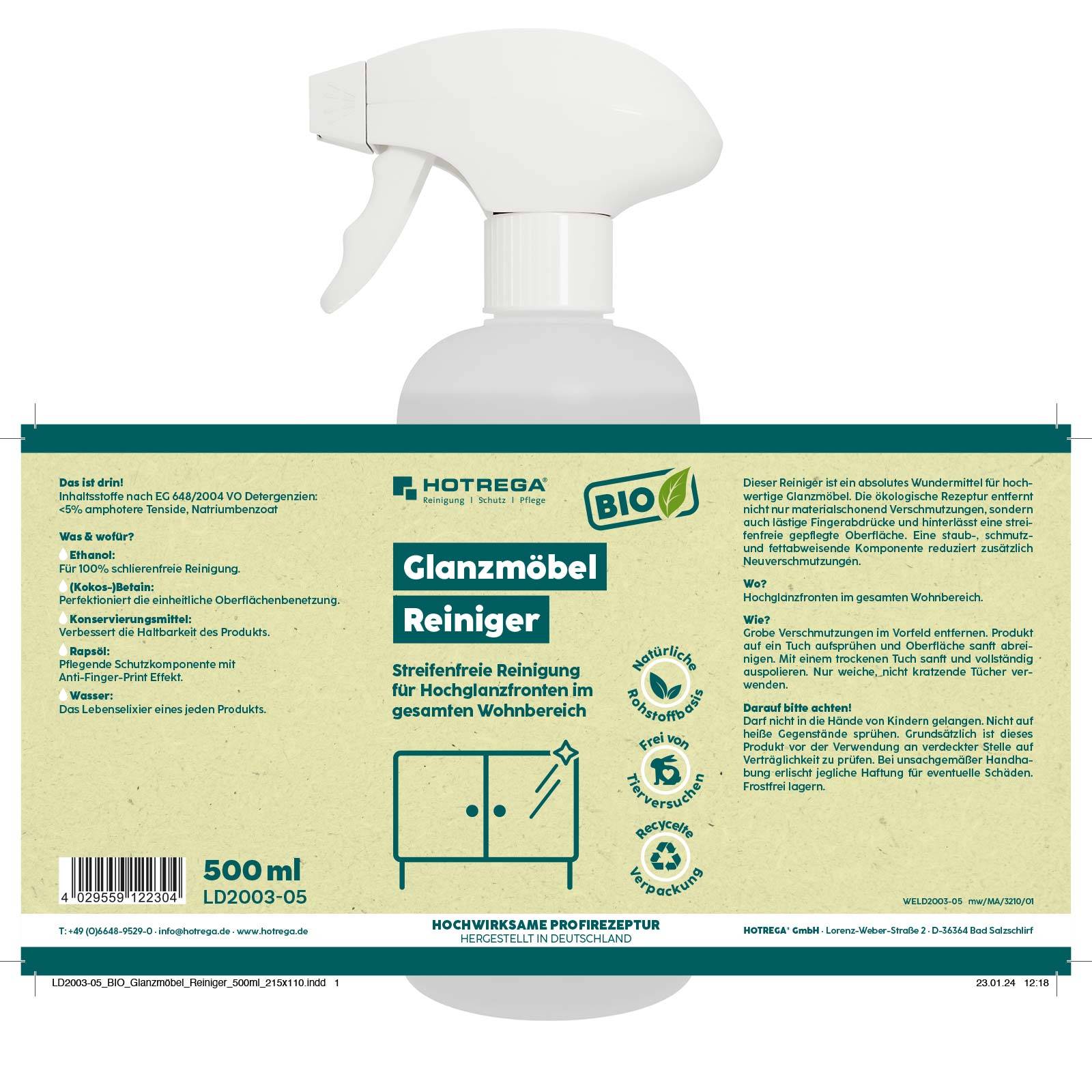 HOTREGA BIO Glanzmöbel Reiniger 500ml - Ausführung:500 ml + 2x Microfasertuch