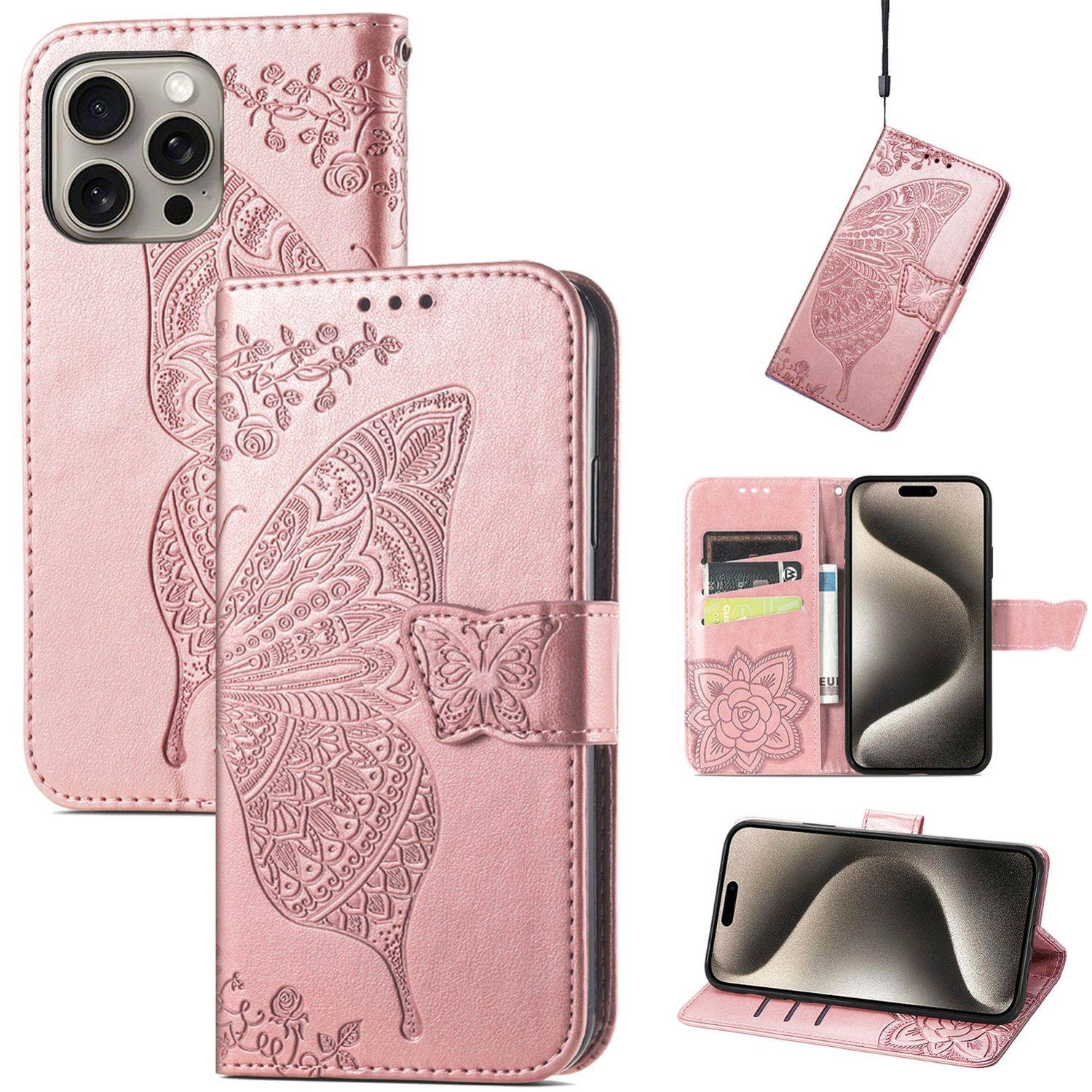 Für Apple iPhone 16 Pro Max Book Wallet Etuis Schmetterling Hülle Rosa