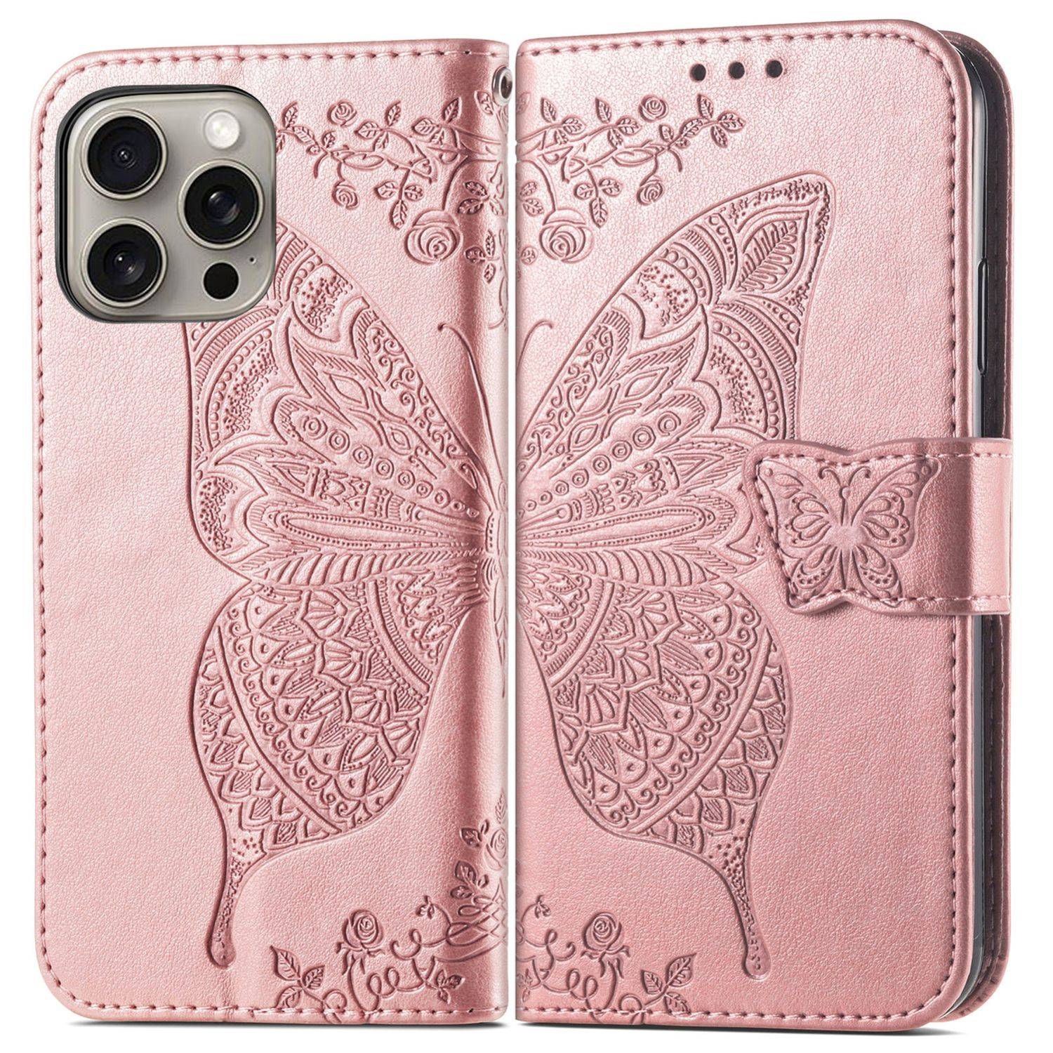 Für Apple iPhone 16 Pro Max Book Wallet Etuis Schmetterling Hülle Rosa
