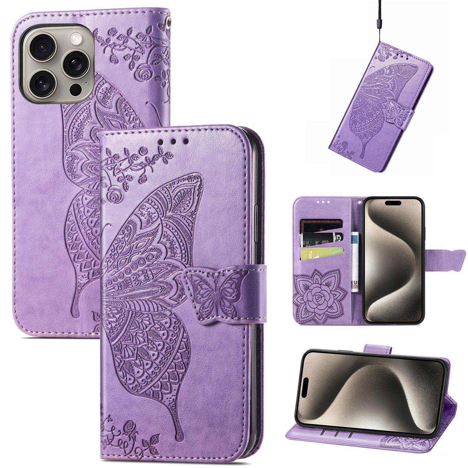 Für Apple iPhone 16 Pro Max Book Wallet Schmetterling Hülle H- Lila