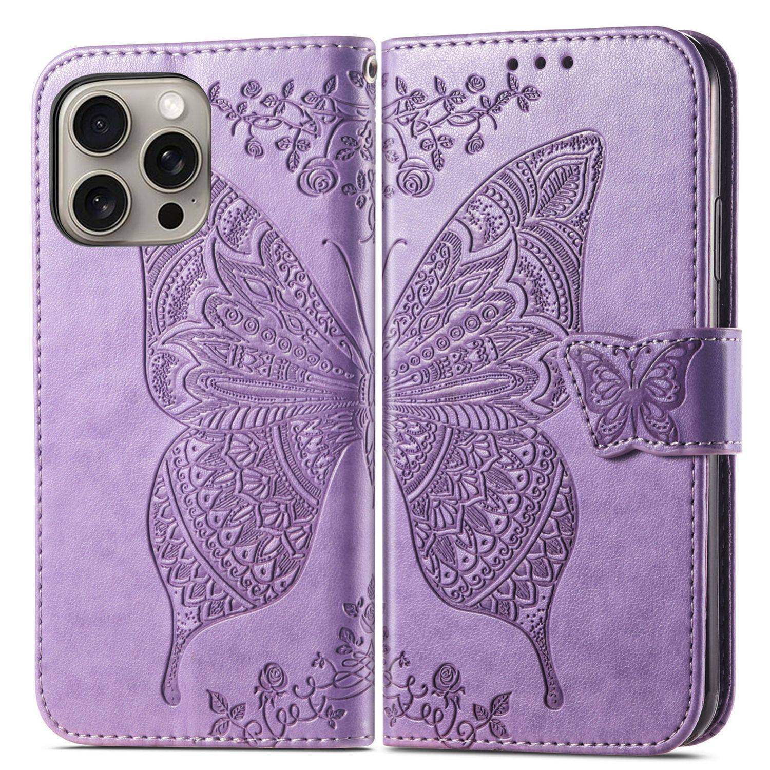 Für Apple iPhone 16 Pro Max Book Wallet Schmetterling Hülle H- Lila