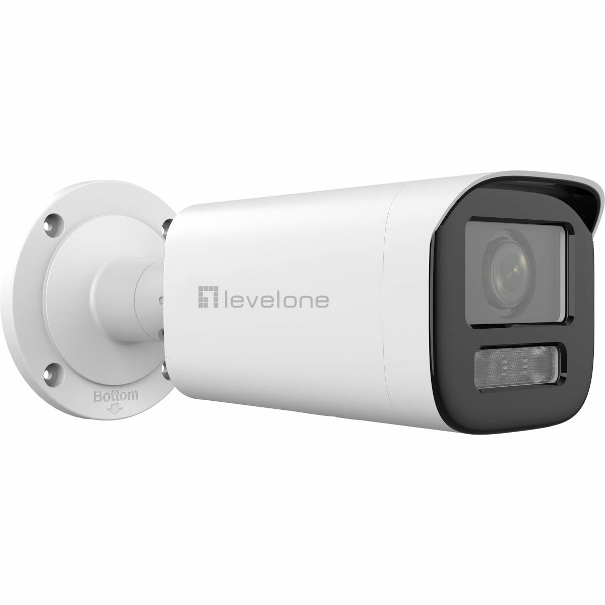 Weiße LevelOne-Außensicherheitskamera, die auf einer Wandhalterung montiert ist, mit sichtbarem Objektiv und Sensor an der Vorderseite.