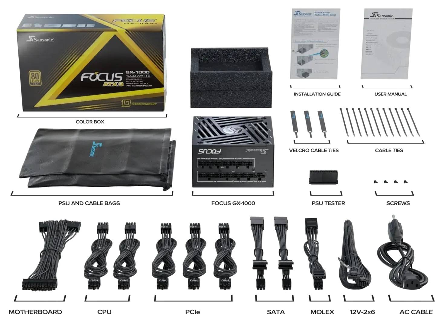 Focus GX-1000' Stromversorgungseinheit mit Kabeln, Kabelbindern, Netzteil-Prüfer und Installationsanleitung auf weißem Hintergrund ausgebreitet.