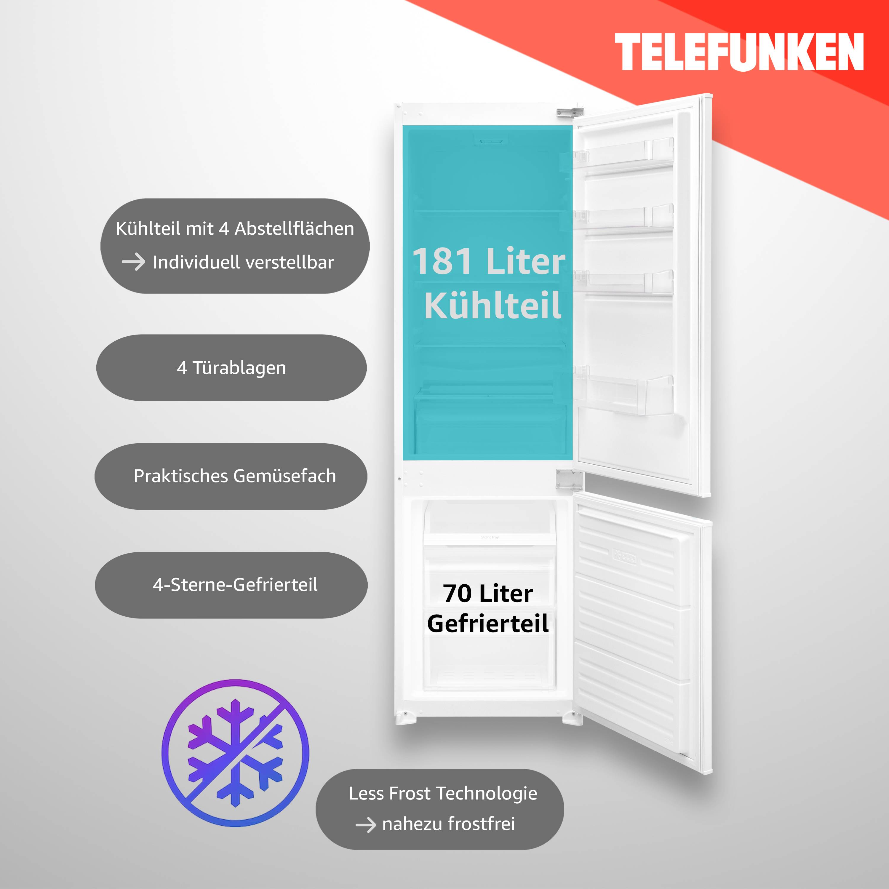 Telefunken Einbau-Kühl-Gefrierkombination | Einbaukühlschrank mit Gefrierfach | 178cm Nische | 251 Liter | Less Frost