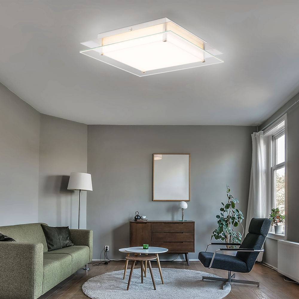 Deckenleuchte Deckenlampe Schlafzimmerleuchte Wohnzimmerlampe, Dimmbar, Glas nickel matt klar satiniert, 1x LED 40W 2000Lm 3000K, HxLxB 7,5x50x50cm