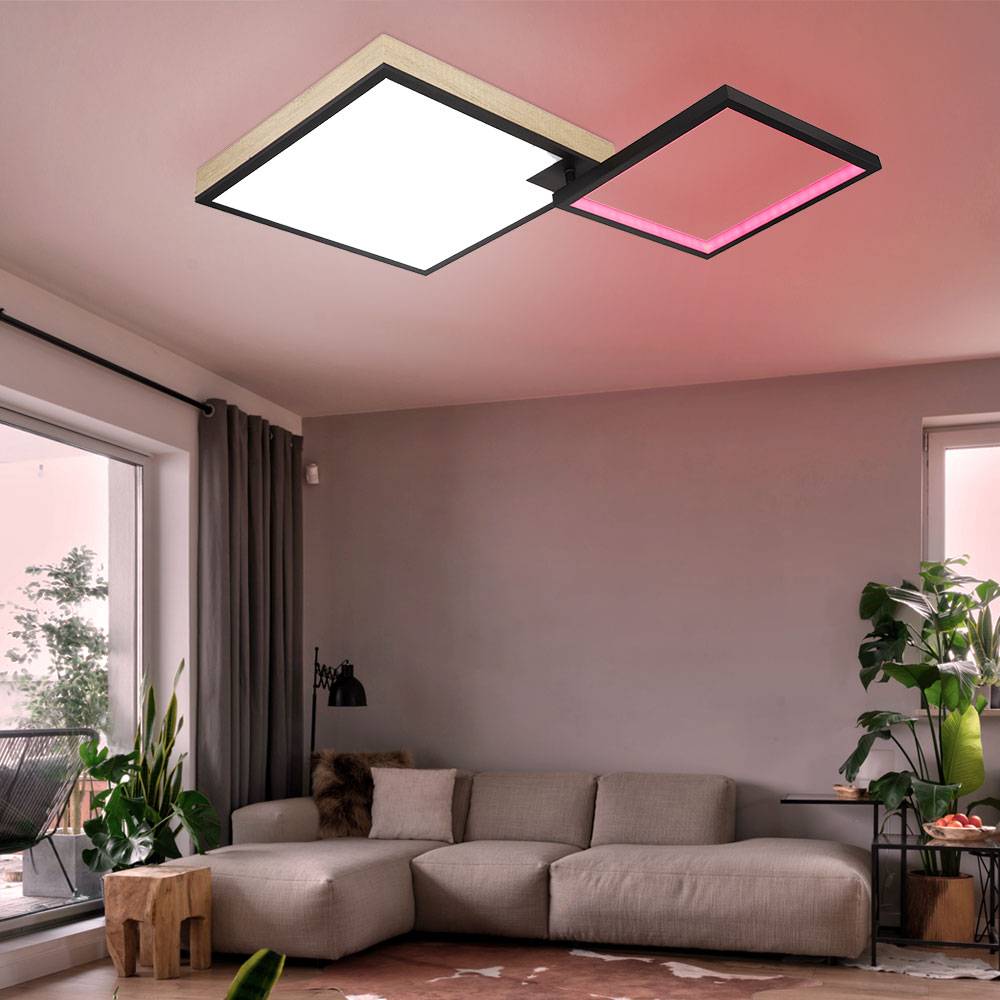 Deckenlampe Wohnzimmerleuchte Deckenleuchte Esszimmerlampe Schlafzimmerleuchte, Metall MDF holzoptik, dimmbar Fernbedienung CCT, LED 40W 2000Lm