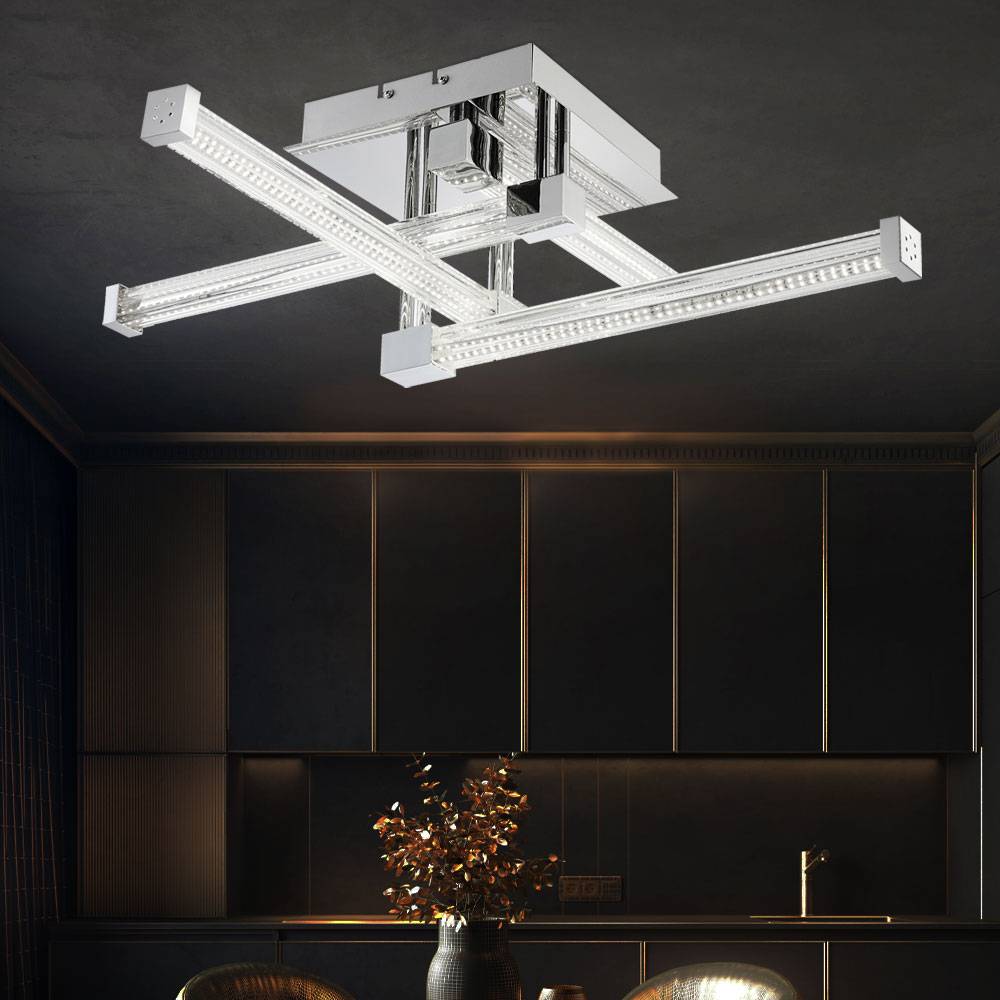 Deckenleuchte Glas klar Wohnzimmerleuchte Designlampe chrom, LED 25,6W 2918Lm neutralweiß, LxBxH 69,2x69,2x18,9 cm