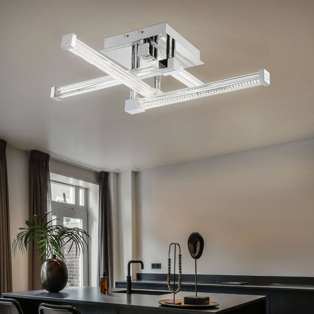 Deckenleuchte Glas klar Wohnzimmerleuchte Designlampe chrom, LED 25,6W 2918Lm neutralweiß, LxBxH 69,2x69,2x18,9 cm