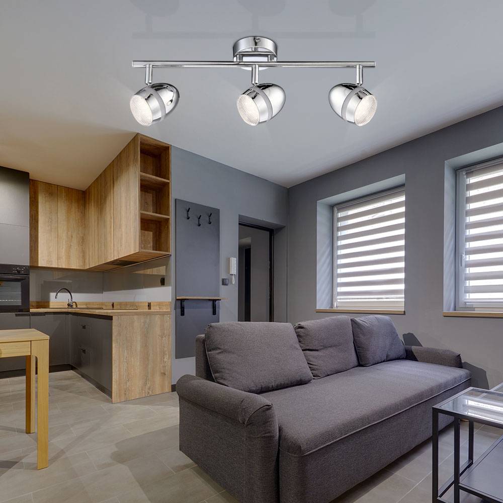 Spotleuchte Deckenlampe Deckenleuchte Wohnzimmerlampe, 3 flammig Spots beweglich, Chrom Metall, 3x LED 3 Watt 200 Lumen warmweiß, LxH 46x16,5cm