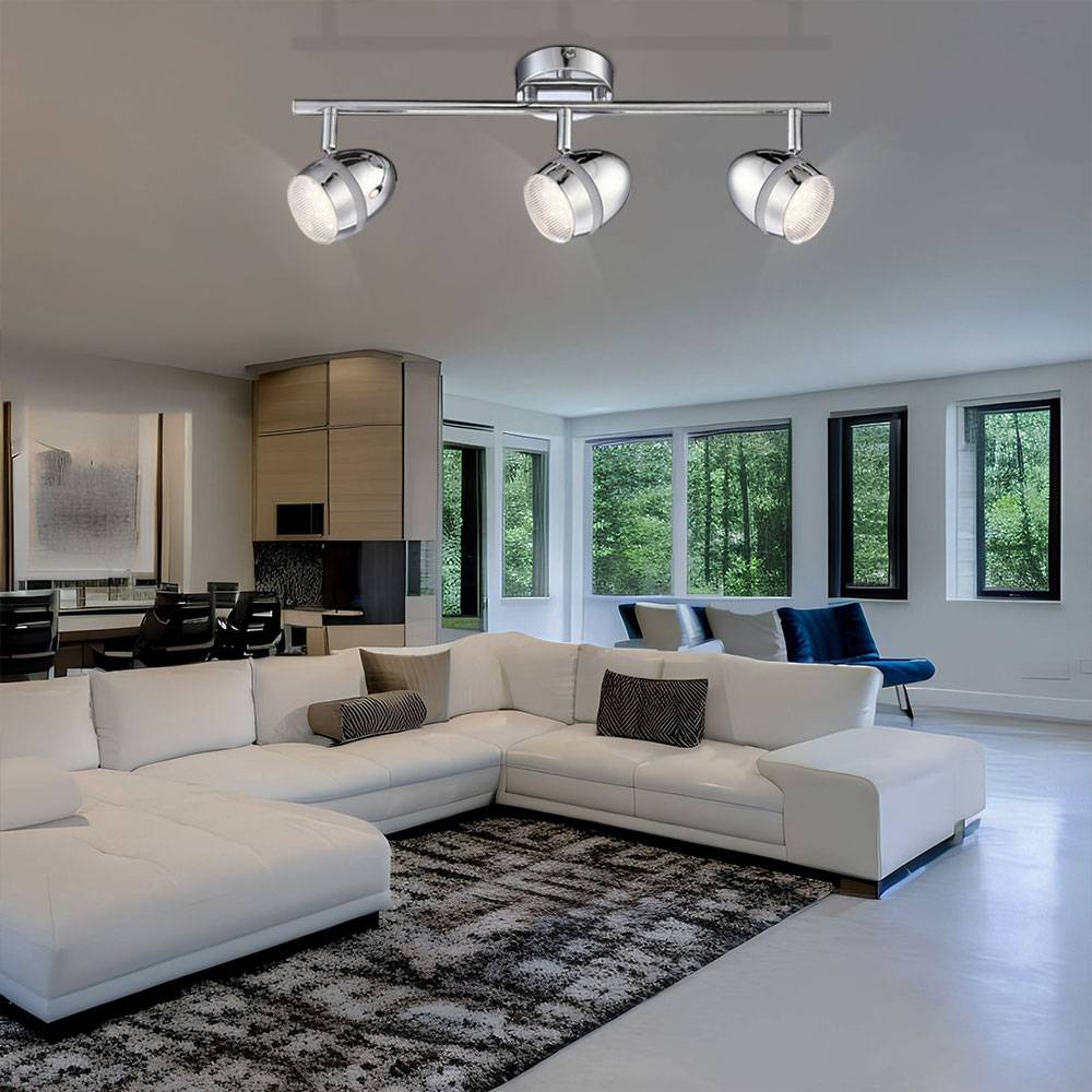 Spotleuchte Deckenlampe Deckenleuchte Wohnzimmerlampe, 3 flammig Spots beweglich, Chrom Metall, 3x LED 3 Watt 200 Lumen warmweiß, LxH 46x16,5cm