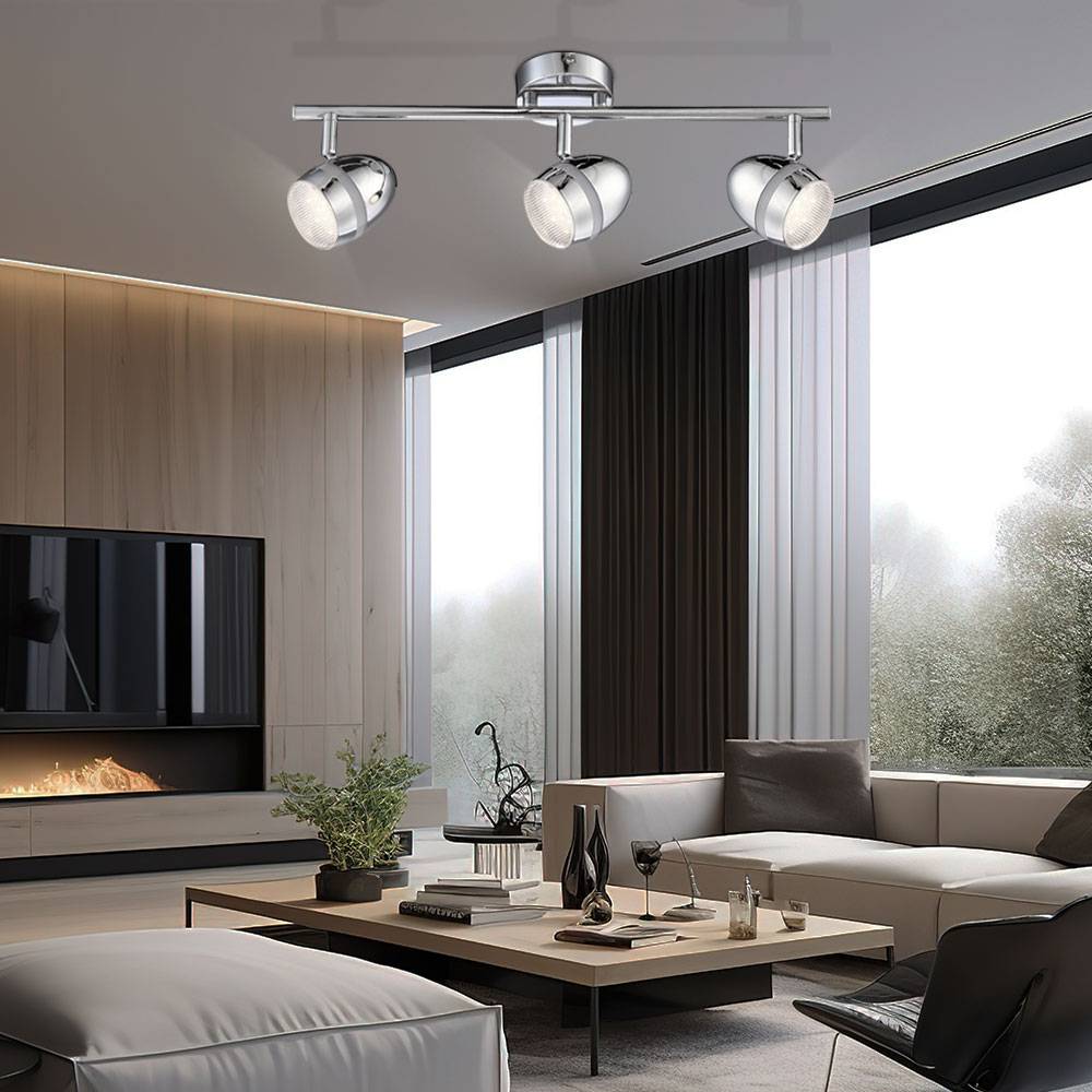 Spotleuchte Deckenlampe Deckenleuchte Wohnzimmerlampe, 3 flammig Spots beweglich, Chrom Metall, 3x LED 3 Watt 200 Lumen warmweiß, LxH 46x16,5cm