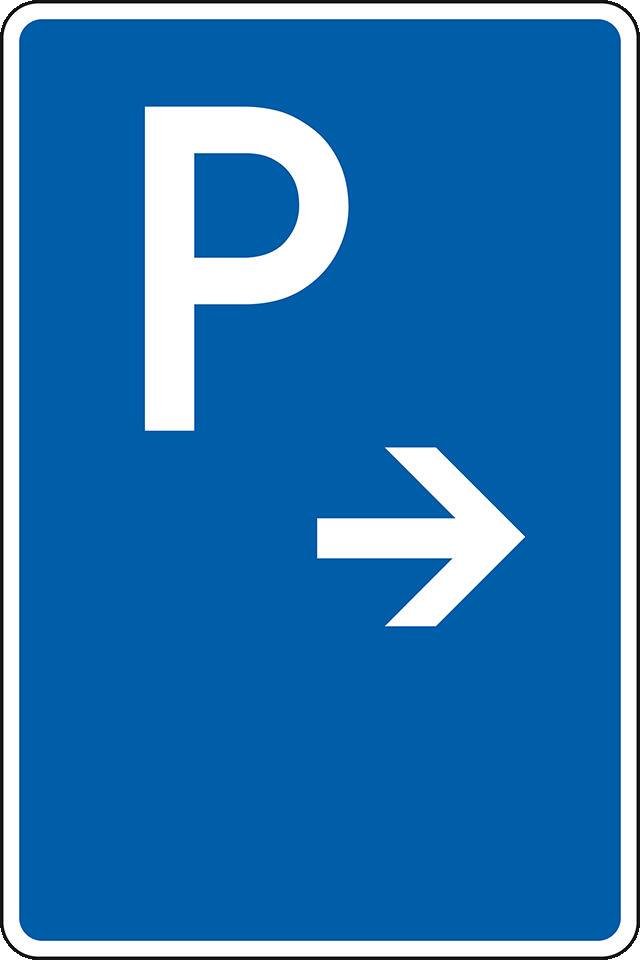 Parkplatzschild mit Pfeil rechts, Aluminium, lackiert, 600x900mm