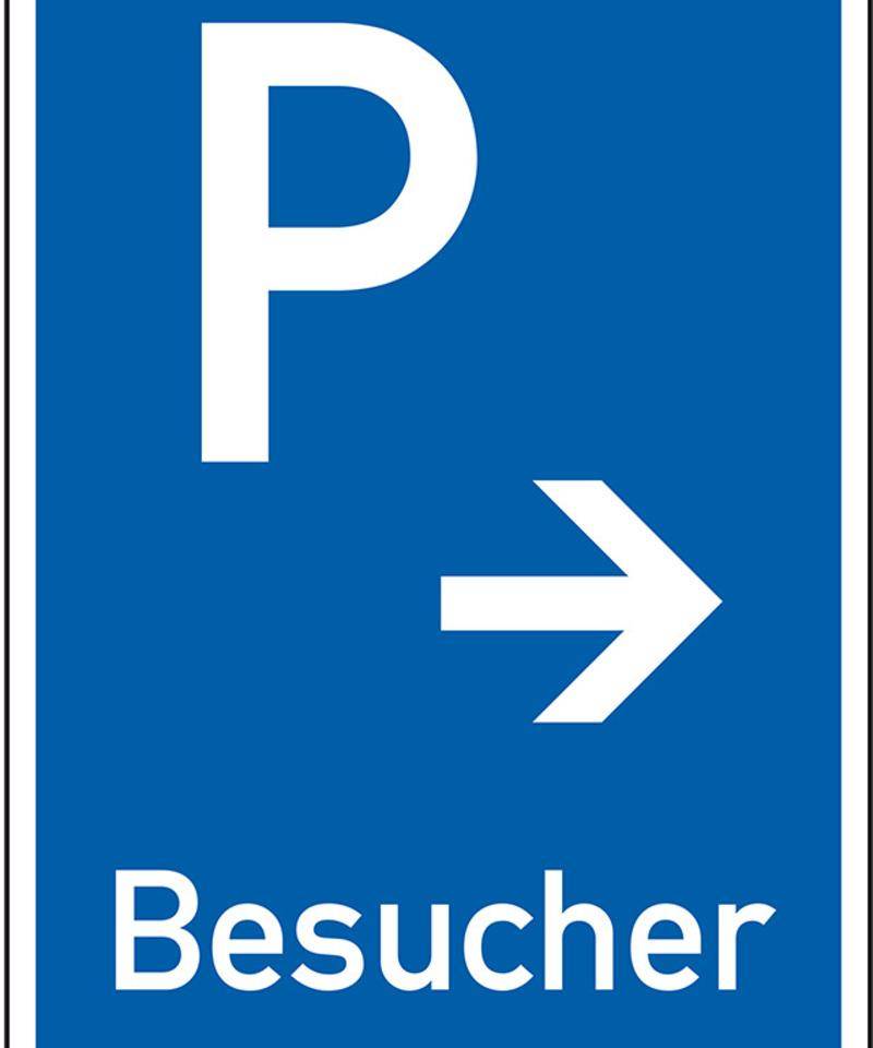 Parkplatzschild Besucher mit Pfeil rechts, Aluminium RA0, reflektierend, 600x900mm, DIN 67520