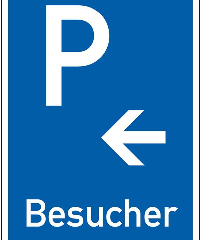 Parkplatzschild Besucher mit Pfeil links, Aluminium RA0, reflektierend, 600x900mm, DIN 67520
