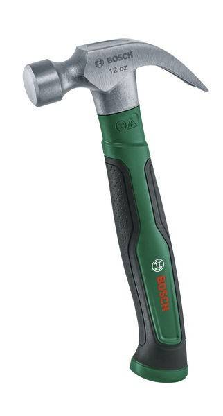 Ein grüner und schwarzer Bosch-Hammer mit Metallkopf, ausgestattet mit einem ergonomischen Griff.