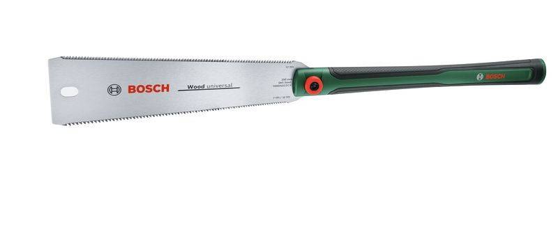 Eine Handsäge mit einer geraden Klinge, beschriftet mit ‚Holz universal'. Der Griff ist schwarz und grün mit einer roten Akzentuierung, entwickelt für Holzarbeiten.