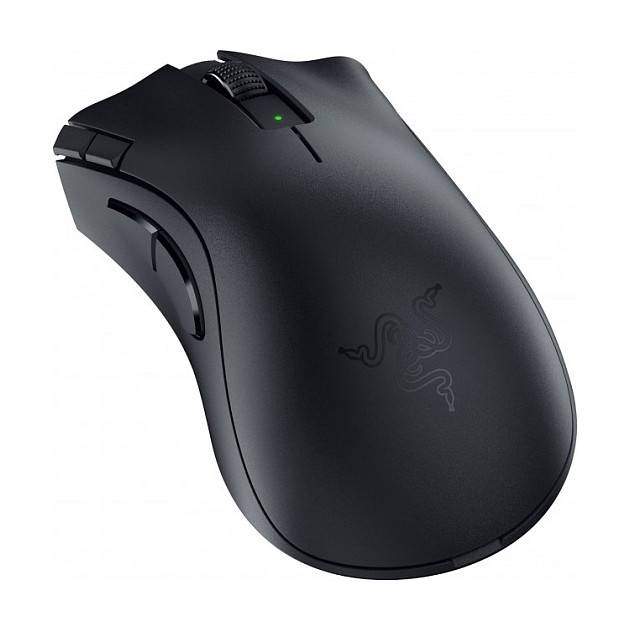 Eine schwarze Gaming-Maus mit elegantem Design, ausgestattet mit Seitentasten und einem Scrollrad.