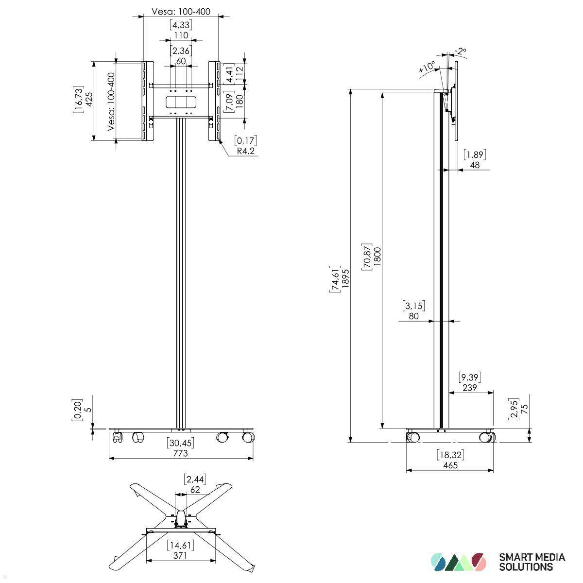 SMS Icon FM MT 1800 mobiler Monitorständer bis 50 Zoll, silber (K12-006-7)