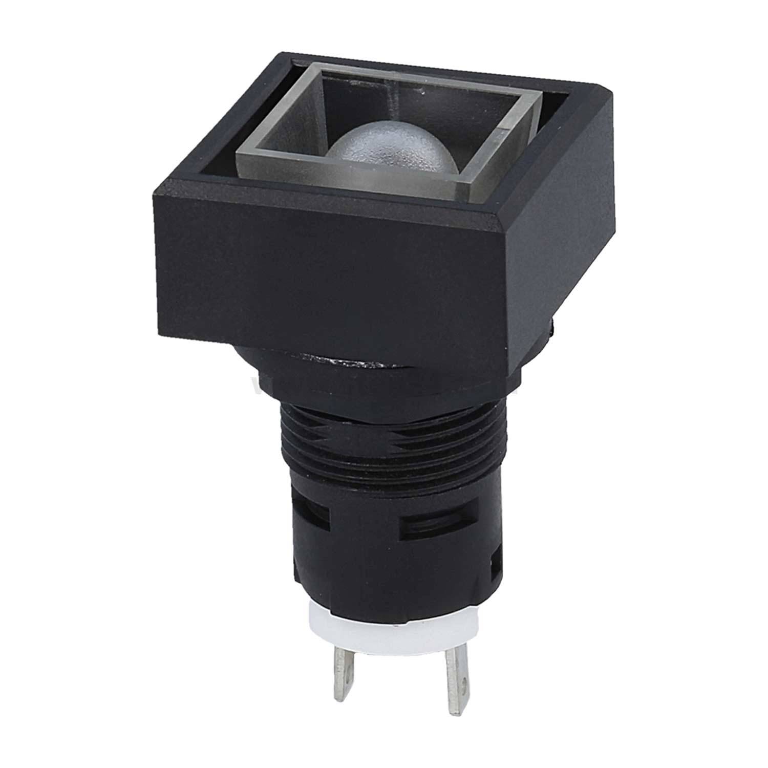 Ein schwarzer Drucktastenschalter mit einer klaren quadratischen Abdeckung und silberner Metallrückseite, entwickelt für elektronische Schaltkreise oder Bedienfelder.