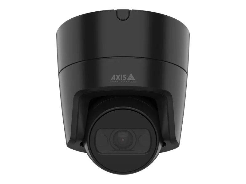 Eine schwarze Überwachungskamera, von vorne betrachtet, die für Sicherheitsüberwachung konzipiert ist.